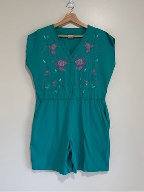 Vintage 90s Lady Foot Locker Teal Green Floral Embroidered Romper Jumpsuit M